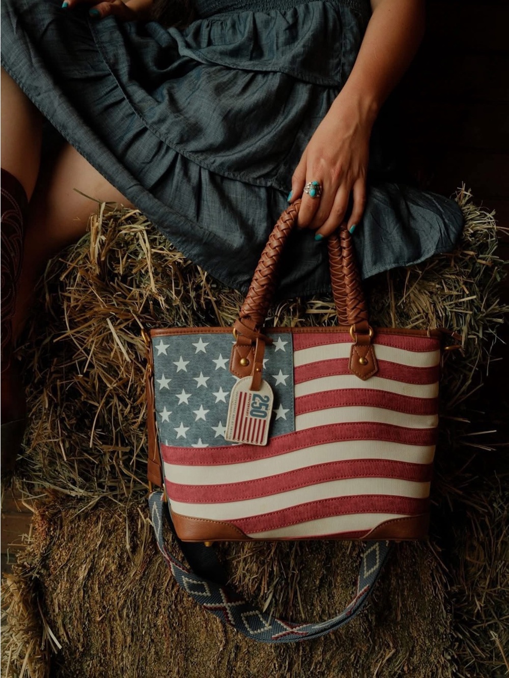 Montana West Red, White & Blue American Flag Tote with Braided Brown Handles